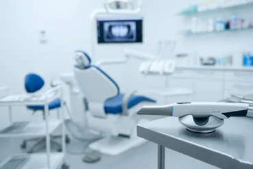 A modern dental office featuring an ergonomic chair, dental tools, and a digital screen displaying dental X-rays.