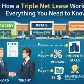 Graphic explaining triple net lease, featuring a landlord and tenant exchanging a lease with icons for insurance, property taxes, and maintenance.
