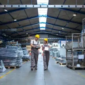 Two construction workers in hard hats walk through a warehouse, discussing plans while surrounded by stacks of metal parts and materials.
