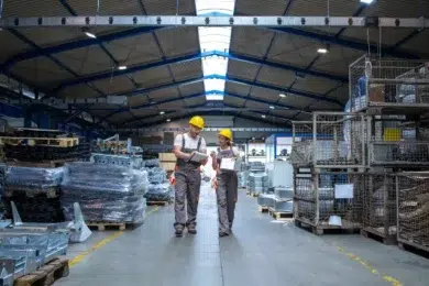 Two construction workers in hard hats walk through a warehouse, discussing plans while surrounded by stacks of metal parts and materials.