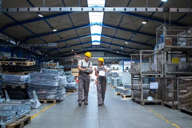 Two construction workers in hard hats walk through a warehouse, discussing plans while surrounded by stacks of metal parts and materials.