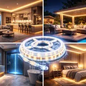 A modern home interior featuring a sleek kitchen, cozy living area, elegant bathroom, and an outdoor lounge with ambient lighting.