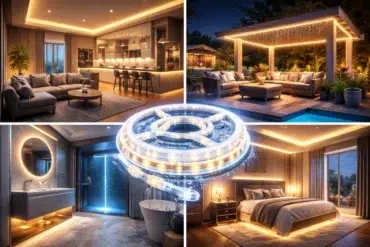 A modern home interior featuring a sleek kitchen, cozy living area, elegant bathroom, and an outdoor lounge with ambient lighting.