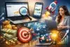 A digital marketing scene featuring a laptop, smartphone, charts, money bags, a target, social media icons, and a rocket, symbolizing growth and strategy.