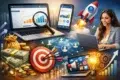 A digital marketing scene featuring a laptop, smartphone, charts, money bags, a target, social media icons, and a rocket, symbolizing growth and strategy.
