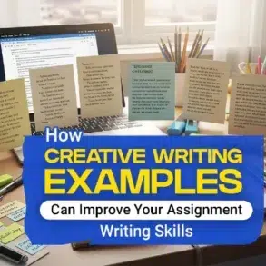 A desk with a laptop and colorful sticky notes displaying writing tips, emphasizing creative writing examples to enhance assignment skills.