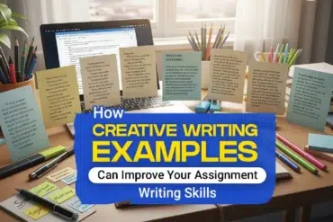 A desk with a laptop and colorful sticky notes displaying writing tips, emphasizing creative writing examples to enhance assignment skills.