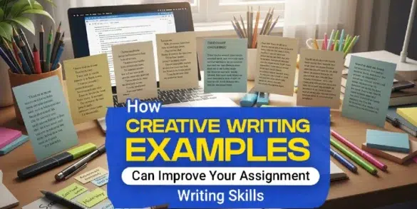 A desk with a laptop and colorful sticky notes displaying writing tips, emphasizing creative writing examples to enhance assignment skills.