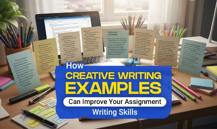 A desk with a laptop and colorful sticky notes displaying writing tips, emphasizing creative writing examples to enhance assignment skills.