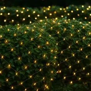 A lush green hedge covered in warm, twinkling lights creates a magical and inviting atmosphere in a darkened outdoor setting.