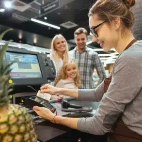 A cashier processes a payment at a register, with a pineapple visible on the counter and customers nearby. Brightly lit store interior.