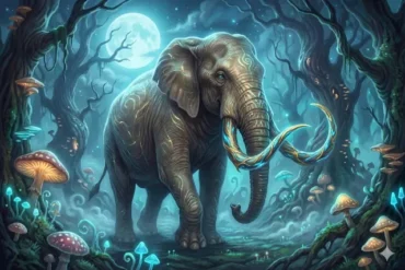 Illustration of an Elphand with glowing tusks standing in a mystical forest