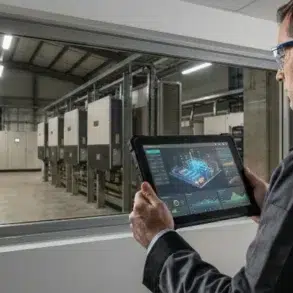 A worker monitors industrial machinery through a window, using a tablet to display real-time data and analytics.