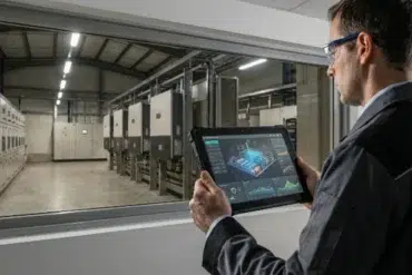 A worker monitors industrial machinery through a window, using a tablet to display real-time data and analytics.