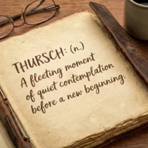 An open vintage book on a wooden table with a coffee mug and glasses, featuring the definition of "THURSCH."