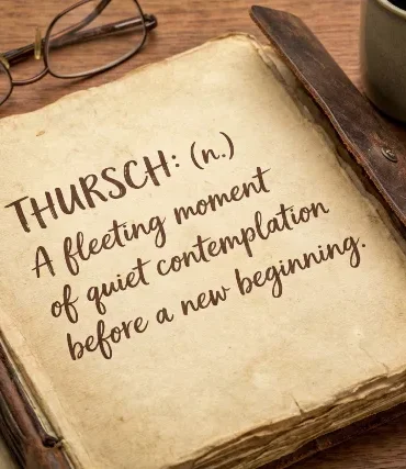 An open vintage book on a wooden table with a coffee mug and glasses, featuring the definition of "THURSCH."