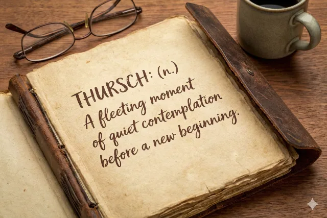 An open vintage book on a wooden table with a coffee mug and glasses, featuring the definition of "THURSCH."