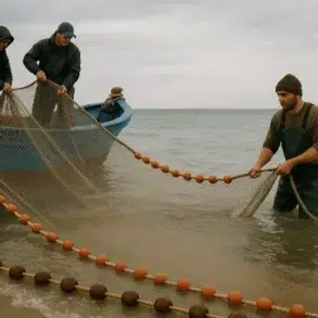 Three fishermen pulling a fishing net from the water, with a blue boat anchored nearby, under a cloudy sky.