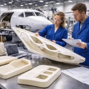 Two engineers in blue coats examine a large 3D-printed component in an aircraft factory. The scene conveys precision and focus, with aircraft parts around them.