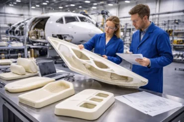 Two engineers in blue coats examine a large 3D-printed component in an aircraft factory. The scene conveys precision and focus, with aircraft parts around them.