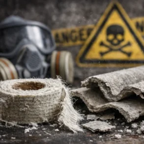 Asbestlint on old pipe insulation showing frayed asbestos tape risk