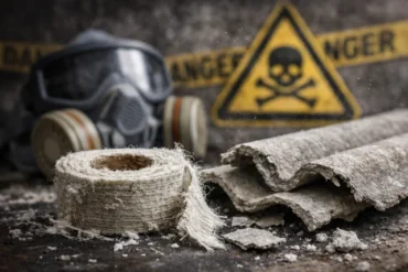 Asbestlint on old pipe insulation showing frayed asbestos tape risk