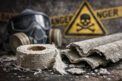 Asbestlint on old pipe insulation showing frayed asbestos tape risk