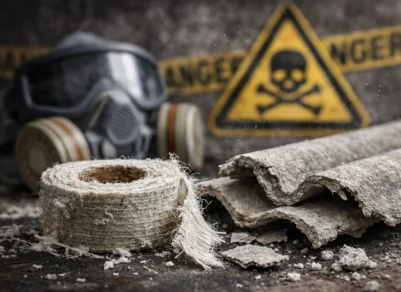 Asbestlint on old pipe insulation showing frayed asbestos tape risk