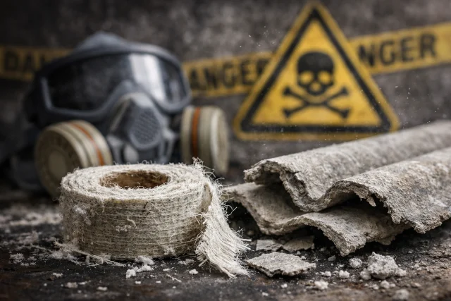 Asbestlint on old pipe insulation showing frayed asbestos tape risk