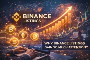 Person at a laptop, crypto coins floating nearby, stock chart rising behind. Text reads "Binance Listings: Why Binance Listings Gain So Much Attention?"