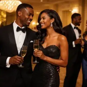 Black Tie dress code outfit example showing a tuxedo and formal evening gown for a classic black tie event.