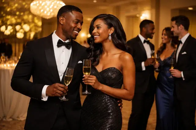 Black Tie dress code outfit example showing a tuxedo and formal evening gown for a classic black tie event.