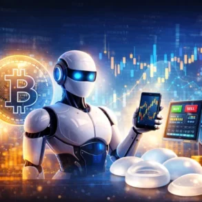 A futuristic robot holds a smartphone displaying a stock chart. A Bitcoin symbol and trading interface are in the background, conveying technology and finance themes.