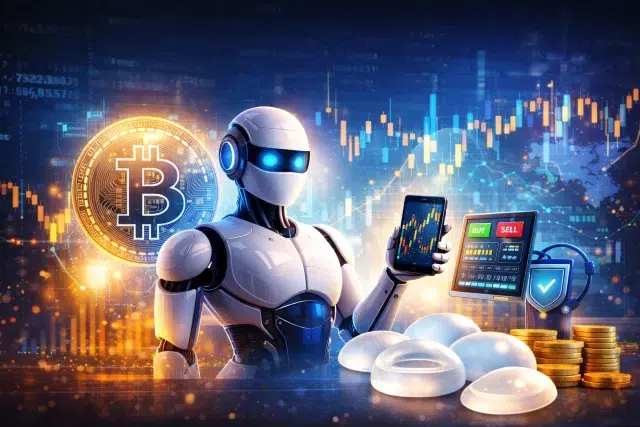 A futuristic robot holds a smartphone displaying a stock chart. A Bitcoin symbol and trading interface are in the background, conveying technology and finance themes.