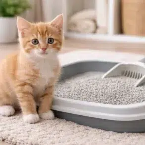 Boxie Cat Litter for kittens with a young kitten near a clean litter box in a bright home setting