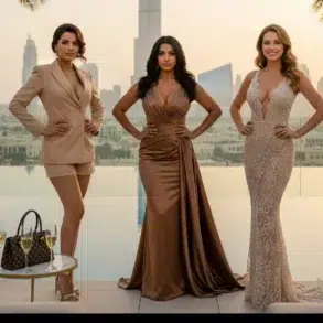 Three women in elegant dresses pose confidently by a pool on a rooftop with a city skyline in the background, exuding glamour and sophistication.