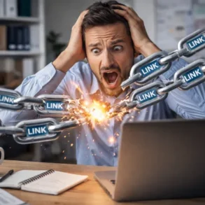 A man looking shocked, holding his head, as digital chains labeled "link" explode from a laptop. The scene conveys stress and chaos in a modern office.