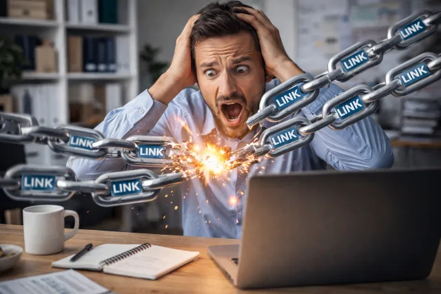 A man looking shocked, holding his head, as digital chains labeled "link" explode from a laptop. The scene conveys stress and chaos in a modern office.