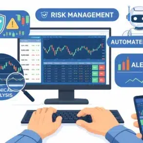 A person monitors a computer displaying stock charts, emphasizing technical analysis. Keywords like "risk management" and "alerts" are highlighted.