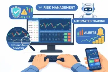 A person monitors a computer displaying stock charts, emphasizing technical analysis. Keywords like "risk management" and "alerts" are highlighted.