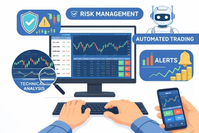 A person monitors a computer displaying stock charts, emphasizing technical analysis. Keywords like "risk management" and "alerts" are highlighted.