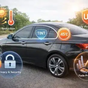 A sleek black car on a sunlit road, with icons for heat reduction, UV protection, privacy, and fade protection, conveying a sense of security and comfort.