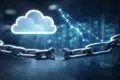 A broken chain link in the foreground symbolizes vulnerability, with a glowing cloud icon and declining graph in the background, suggesting data security issues.