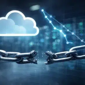 A broken chain link in the foreground symbolizes vulnerability, with a glowing cloud icon and declining graph in the background, suggesting data security issues.