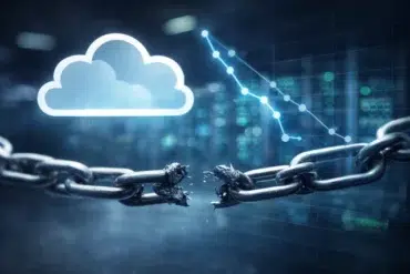 A broken chain link in the foreground symbolizes vulnerability, with a glowing cloud icon and declining graph in the background, suggesting data security issues.