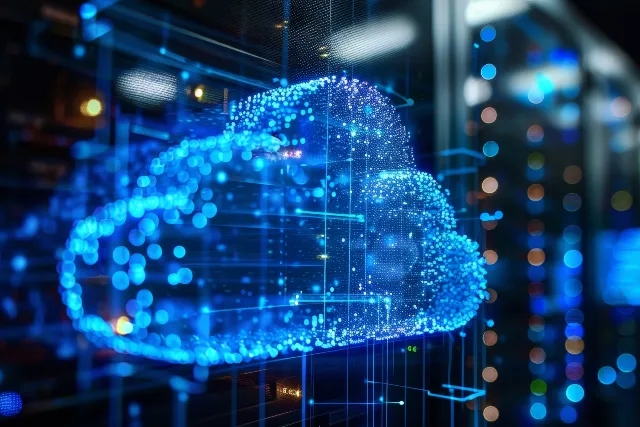 Digital display of a glowing blue cloud icon in a data center, symbolizing cloud computing. The setting is futuristic, with vibrant lights and servers.