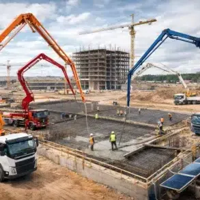 Construction site featuring concrete trucks with boom arms pouring concrete into a foundation. Workers and cranes are visible.