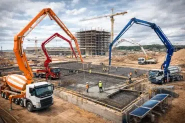 Construction site featuring concrete trucks with boom arms pouring concrete into a foundation. Workers and cranes are visible.