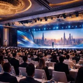 A large conference room filled with attendees facing a stage. A speaker stands before a wide screen displaying a city skyline. Elegant chandeliers hang overhead, creating a formal atmosphere.