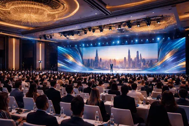 A large conference room filled with attendees facing a stage. A speaker stands before a wide screen displaying a city skyline. Elegant chandeliers hang overhead, creating a formal atmosphere.